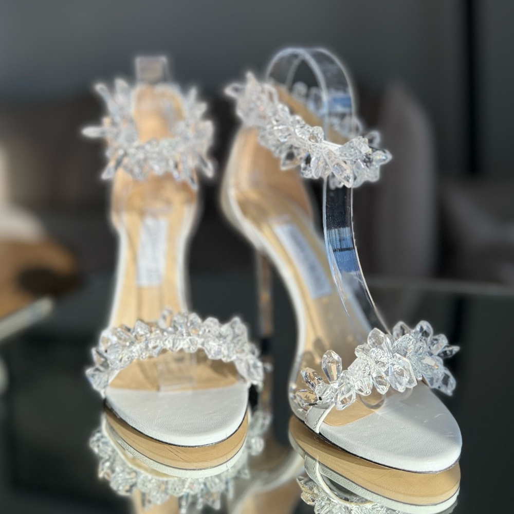 New Jimmy Choo White Maisel 100 Crystal Embellished Leather Sandals 38 - Picture 15 of 17